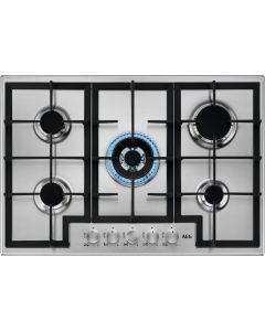 Aeg - HGB75400SM Piano Gas 75 cm - 5 bruciatori gas - 1 bruciatore WOK tripla corona - Accensione istantanea Direkt Spark - Sicurezza gas - Griglie in ghisa - Estetica inox con cruscotto comandi in cristallo - bruciatori ad alta efficienza +20% Speed Bu
