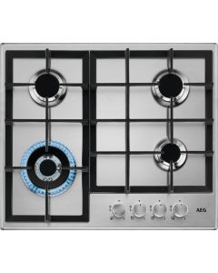 Aeg - HGB64400SM Piano cottura Gas 60 cm 4 bruciatori gas 1 bruciatore WOK tripla corona Acc. istantanea Direkt Spark Sicurezza gas Griglie speciali in estetica nera Estetica inox con cruscotto comandi in cristallo bruciatori ad alta efficienza +20% Spe