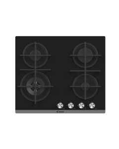 Candy CVG6BF4WEB Piano cottura a Gas larghezza 60 cm Finitura Vetro Nero, 4 Fuochi, Griglie in Ghisa