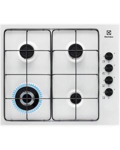 Electrolux - EGS6414W Piano Gas 60 cm Nuova estetica Slim 4 fuochi gas Bruciatori Fiamma Pura 1 Bruciatore Wok multicorona (4Kw) Griglie speciali in estetica nera e coprispartifiamma smaltati neri Accensione integrata nella manopola Sicurezza Sicurgas E