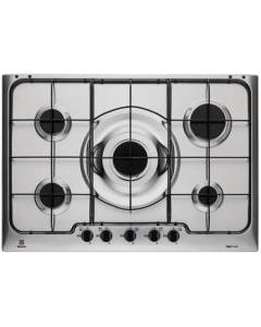 Electrolux RGG7252OOX Piano Cottura 75 cm Soft, 5 fuochi gas, Bruciatori Fiamma Pura, Griglie speciali in estetica nera, Accensione integrata nella manopola, Sicurezza Sicurgas, Estetica inox/manopole silver